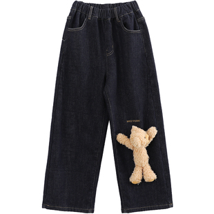 诺诺公主S1N初中生2025小熊设计感挂件牛仔裤女春秋加绒阔腿裤子