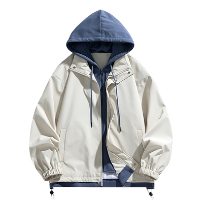 复古简约纯色假两件连帽外套男女