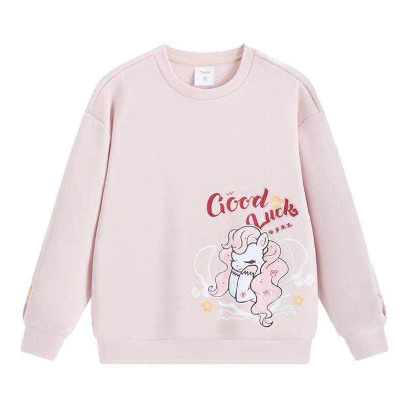 安踏儿童卫衣女童套头衫2026年新款保暖加绒长袖上衣小马卡通粉色