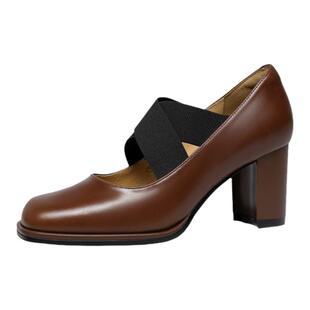 金利来复古粗跟单鞋女夏季女鞋百搭交叉绑带真皮方头高跟玛丽珍鞋