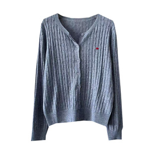 老钱风麻花细羊毛针织衫圆领长袖单排扣短款开衫休闲通勤薄毛衣女