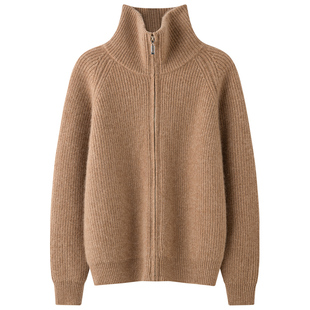 超厚实秋冬高领100%山羊绒开衫女双拉链保暖宽松简约针织毛衣外套