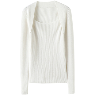 宛然如斯~显瘦方领坑条羊绒衫女圆领纯羊绒毛衣针织打底衫秋冬