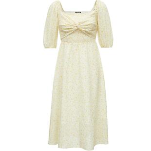 Vero Moda奥莱连衣裙子春夏清仓花朵纹理感方领高腰泡泡袖气质女