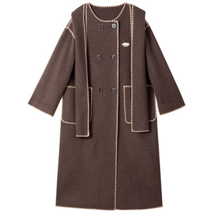 KEIKO [撞色锁边]长款双面羊绒大衣秋冬高级感围巾领连帽毛呢外套