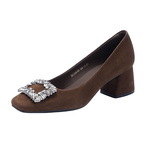 哈森/HARSON【星璨佳人】新款绒面水钻方扣浅口单鞋粗高跟女鞋