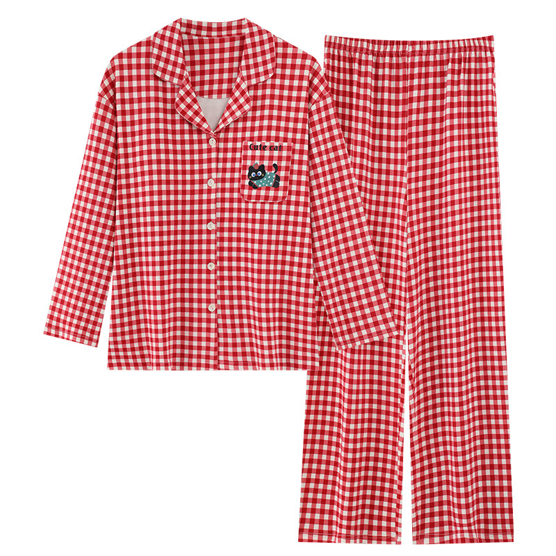 带胸垫家居服女春秋针织纯棉格子卡通纽扣开衫翻领长袖100%棉睡衣