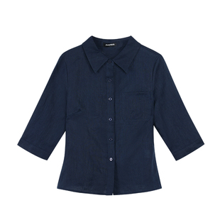 pusumede时髦知识分子|1OO亚麻中袖衬衫女通勤衬衣收腰气质上衣