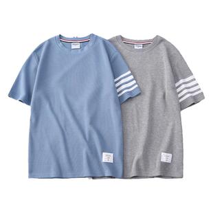 美式华夫格休闲男夏季四条杠短袖帅气宽松圆领重磅时尚男装个性T