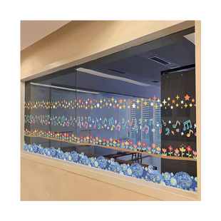 卡通腰线防撞玻璃贴纸幼儿园培训机构小心玻璃橱窗装饰静电窗花贴