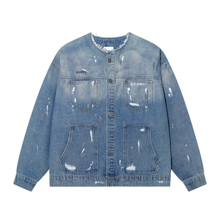 美国ELEMENT滑板牛仔夹克男街头风泼墨毛边水洗做旧百搭情侣外套