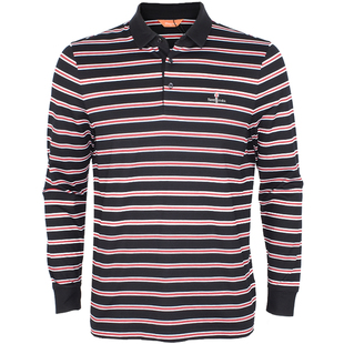 比音勒芬专柜男装正品 翻领刺绣LOGO条纹棉氨透气长袖T恤断码清仓