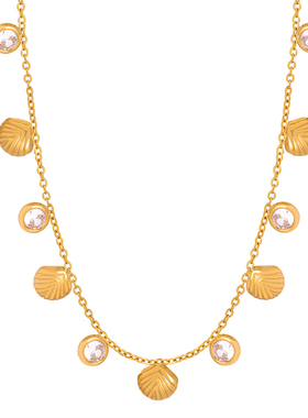 小众设计金色贝壳锆石流苏吊坠项链女生欧美轻奢设计感钛钢锁骨链