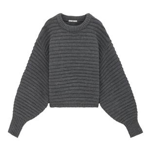 SLY 冬季新品泡泡袖条纹圆领简约风针织毛衣女030FAA70-2030