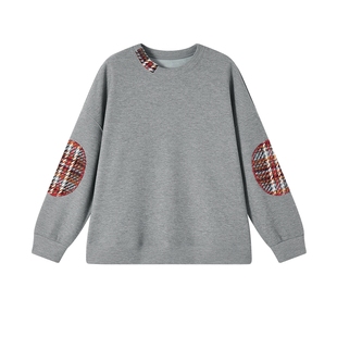 飞鸟和新酒贴布绣拼接设计感灰色加绒卫衣女2025冬季新款宽松上衣