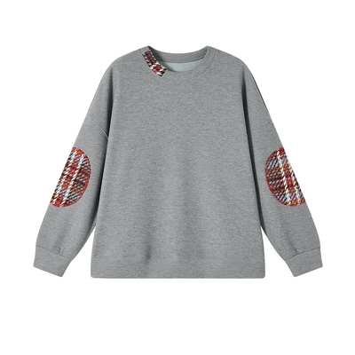 飞鸟和新酒贴布绣拼接设计感灰色加绒卫衣女2025冬季新款宽松上衣