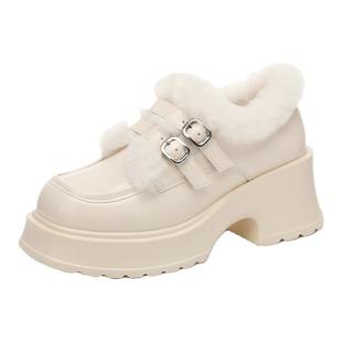 达芙妮乐福鞋女2025新款秋冬季加绒毛毛棉鞋厚底高跟一脚蹬小皮鞋