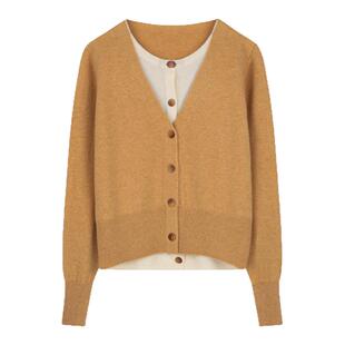 solighter 法式全羊毛撞色假两件针织开衫女秋季新款显瘦v领毛衣