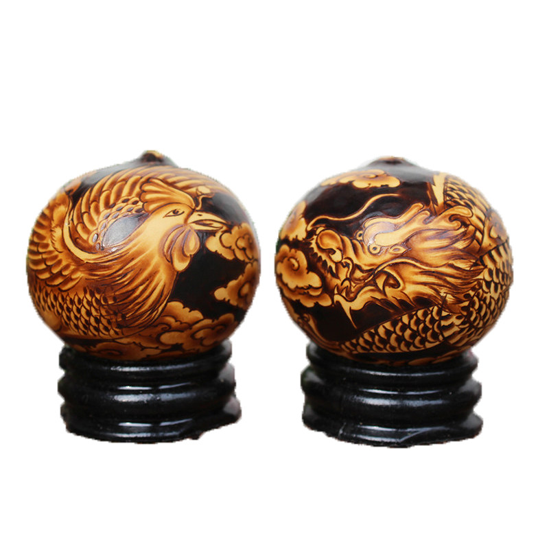 天然鸡蛋葫芦精品手工烙烫画龙凤呈祥 文玩手捻葫芦把件礼品包邮