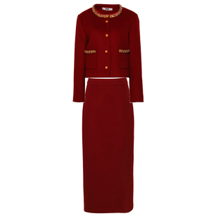 DPLAY【黑标】新年红色大衣100羊毛红色套装结婚敬酒半身裙两件套
