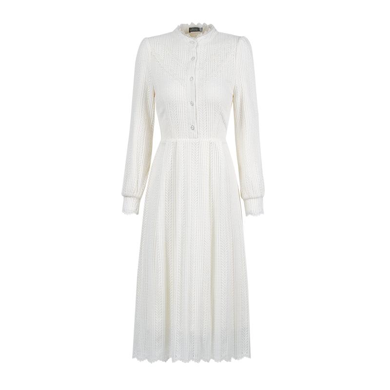 未风杏色蕾丝连衣裙秋冬新款女装轻奢长袖内搭裙子配大衣冬裙长裙