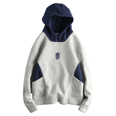 重磅加绒加厚简约立体刺绣字母男士连帽卫衣个性撞色拼接潮流帽衫