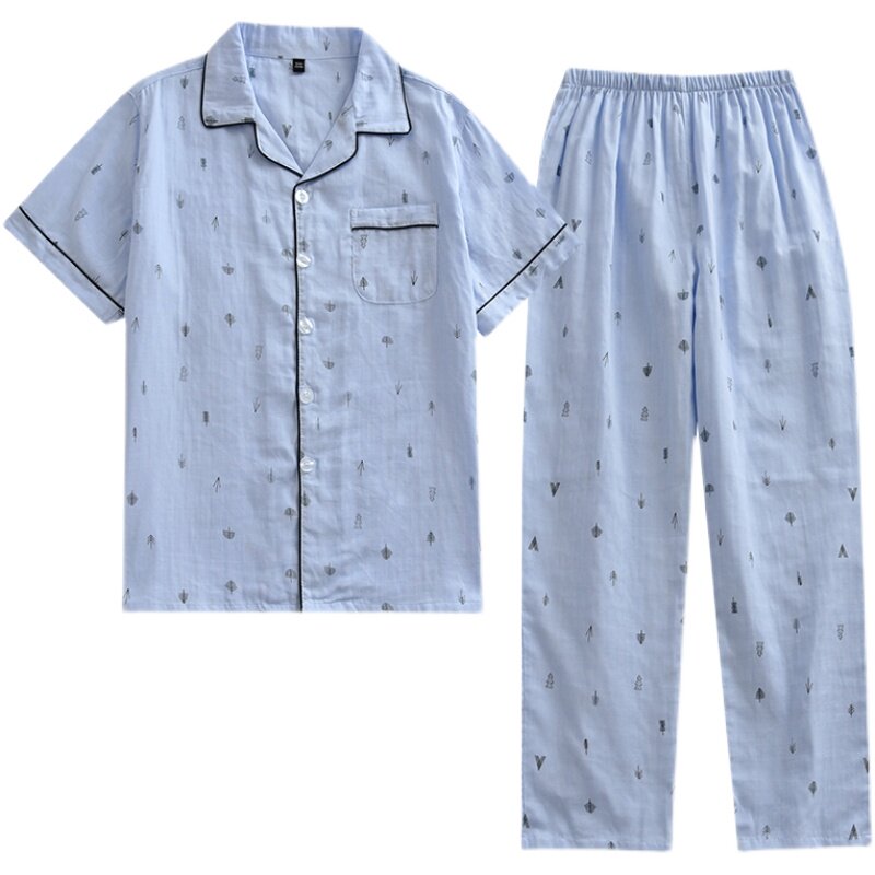 夏季青年男士睡衣纯棉双层纱布短袖长裤男式家居服套装中老年宽松
