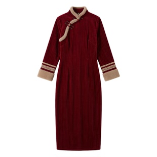 酒红色复古风绝美旗袍2026年冬季新款长袖加绒加厚年轻款日常可穿