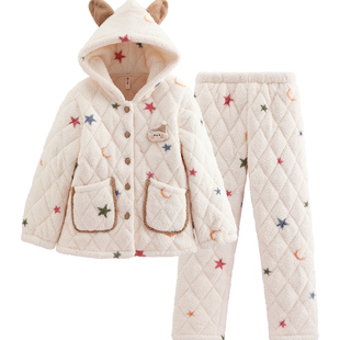 芬腾睡衣女冬季珊瑚绒三层加厚夹棉套装保暖抗静电大码连帽家居服