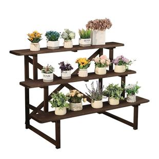 室外庭院三层实木台阶式花架户外露天阳台长条木制展示置物架组装