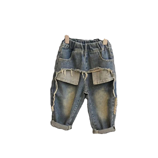 韩版儿童破洞牛仔裤2025春秋季男女童宝宝返贴口袋毛边水洗乞丐裤