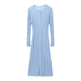 OVV Outlet 秋冬新款女羊毛立体曲线坑条装饰圆领长袖针织连衣裙