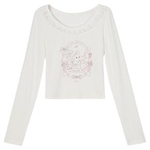 森女部落原创修身显瘦坑条纹长袖花边纯欲T恤2024年初秋新款女装