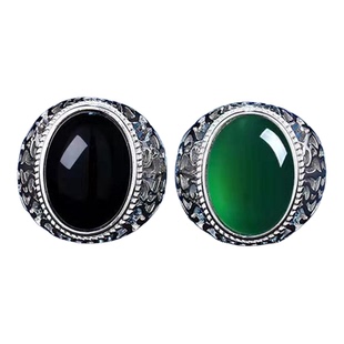 925银绿宝石玛瑙黑曜石男款个性霸气活口戒指绿玉髓复古送父亲