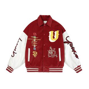GUUKA潮牌过年红色棒球服男秋冬新款 PU皮经典美式棉衣外套宽松