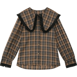 妖精的口袋PU皮拼接娃娃领衬衫女2026年早春新款甜美格纹内搭衬衣