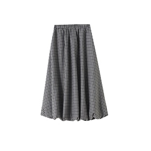 复古格子花苞裙女秋冬季加厚A字灯笼长裙中长款松紧腰格纹蓬蓬裙