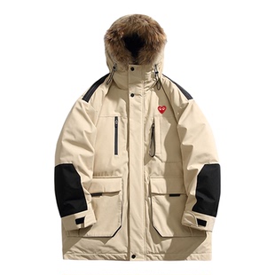 PLAY HEITY 官方羽绒服冬季新款工装真帽毛长款撞色拼接男女外套