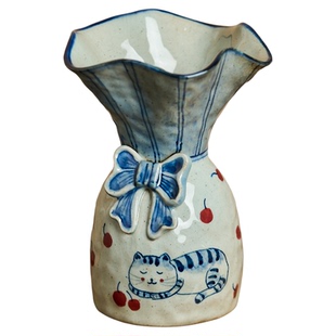 陶美集景德镇陶瓷花瓶陶罐中古风手绘可爱猫咪创意复古桌面小摆件
