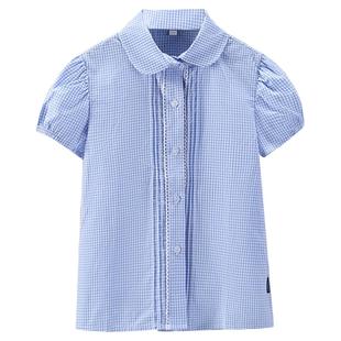 伊顿款儿童格子衬衣短袖夏季中小学生学院风男童半袖校服女童衬衫