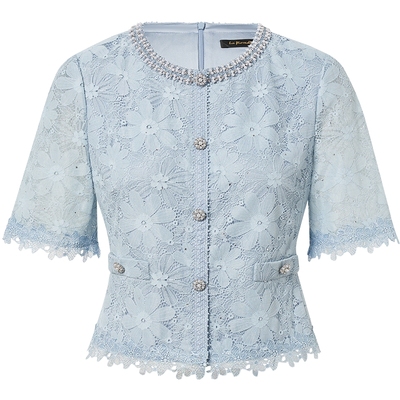 Lakoradior拉珂蒂夏季新款简约柔雅花卉蕾丝钉珠文艺刺绣上衣女