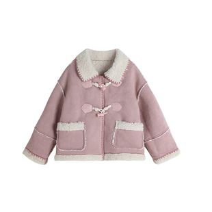 布丁哈鲁童装冬装女童2026秋冬季新款儿童加厚麂皮绒牛角扣外套