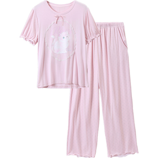 tutuanna睡衣女夏 超柔针织猫咪印花套头短袖满印长裤家居服套装