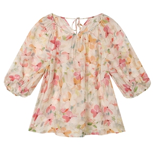 白鹿语法式复古天丝混纺碎花衬衫2025夏新款高级感洋气七分袖上衣