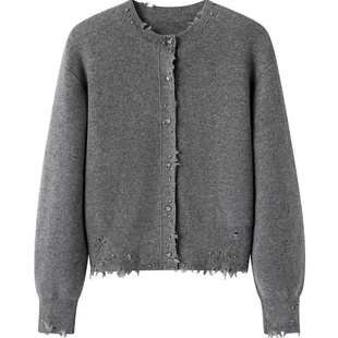 短款针织开衫外套女士2025新款秋季钉珠羊毛高级感宽松毛衣上衣