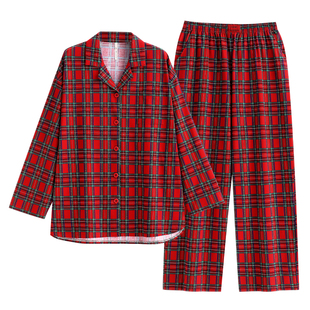 悦内睡衣女士春秋款秋季长袖纯棉家居服格子本命年大红色新年礼物