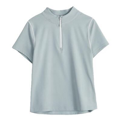 云上生活【轻活力】莱赛尔棉半门襟撞色简约短袖女T恤夏蓝色上衣