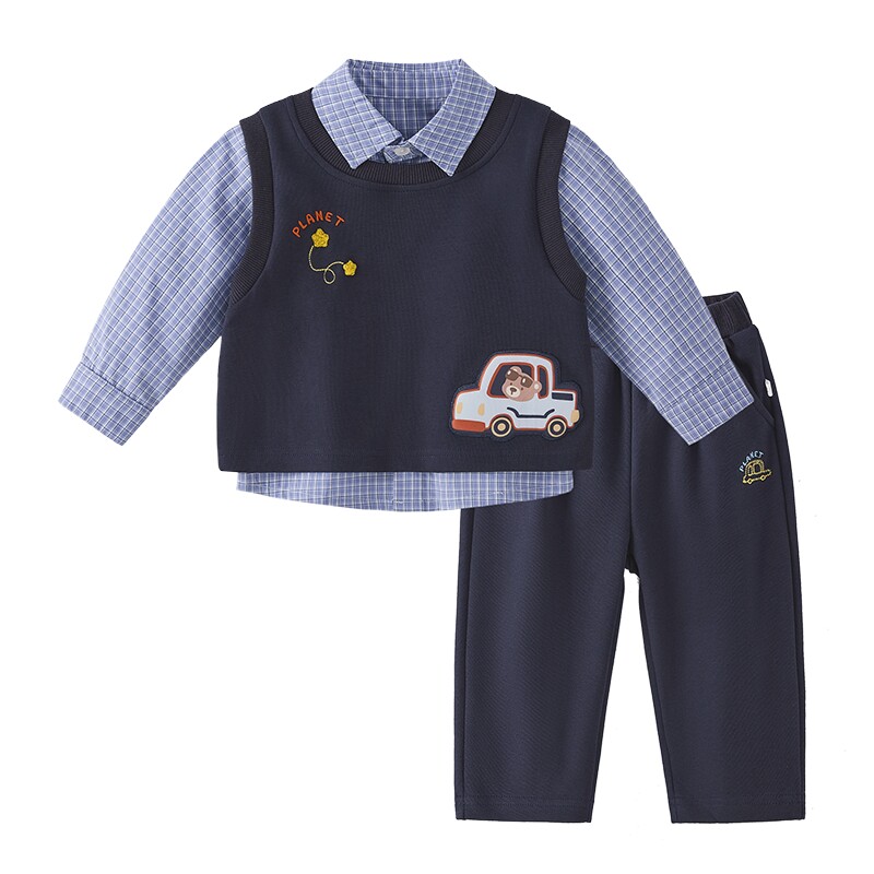 [7A抑菌]男童学院风衬衫三件套早春宝宝童趣印花衣服儿童套装春季