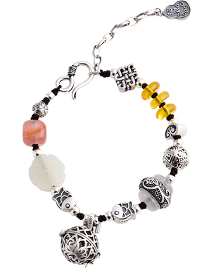 原创设计复古纯银女手链岁岁有鱼