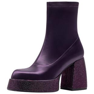 Thirty More真丝布弹力靴冬夏新款厚底女鞋短筒靴粗跟时装靴